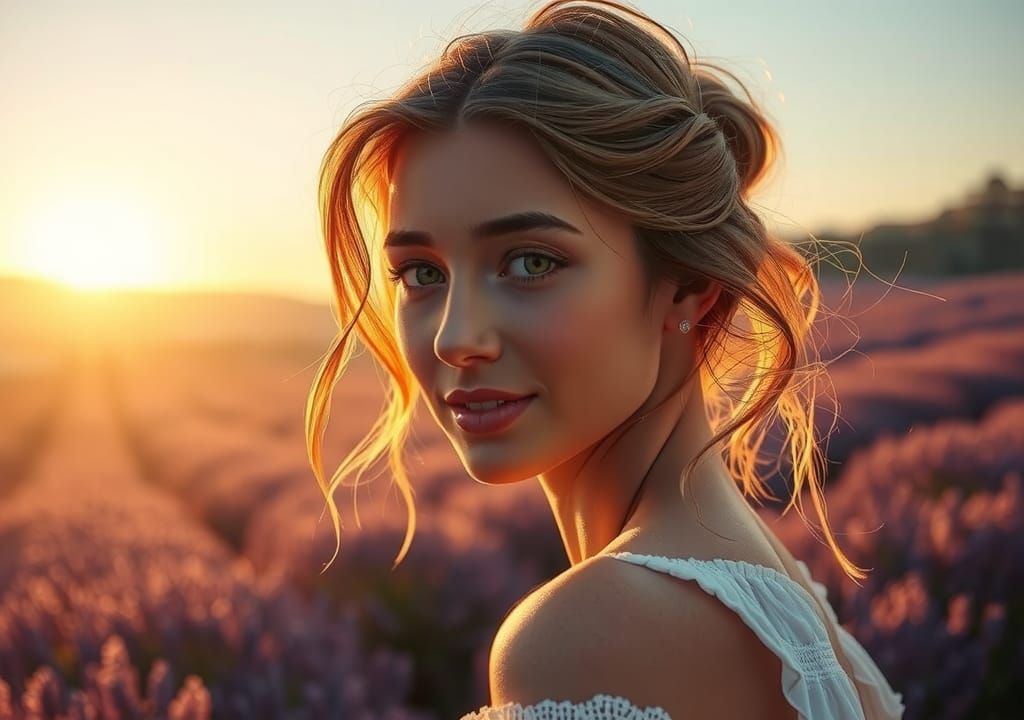 Lavender Field Portrait in Art Nouveau Style