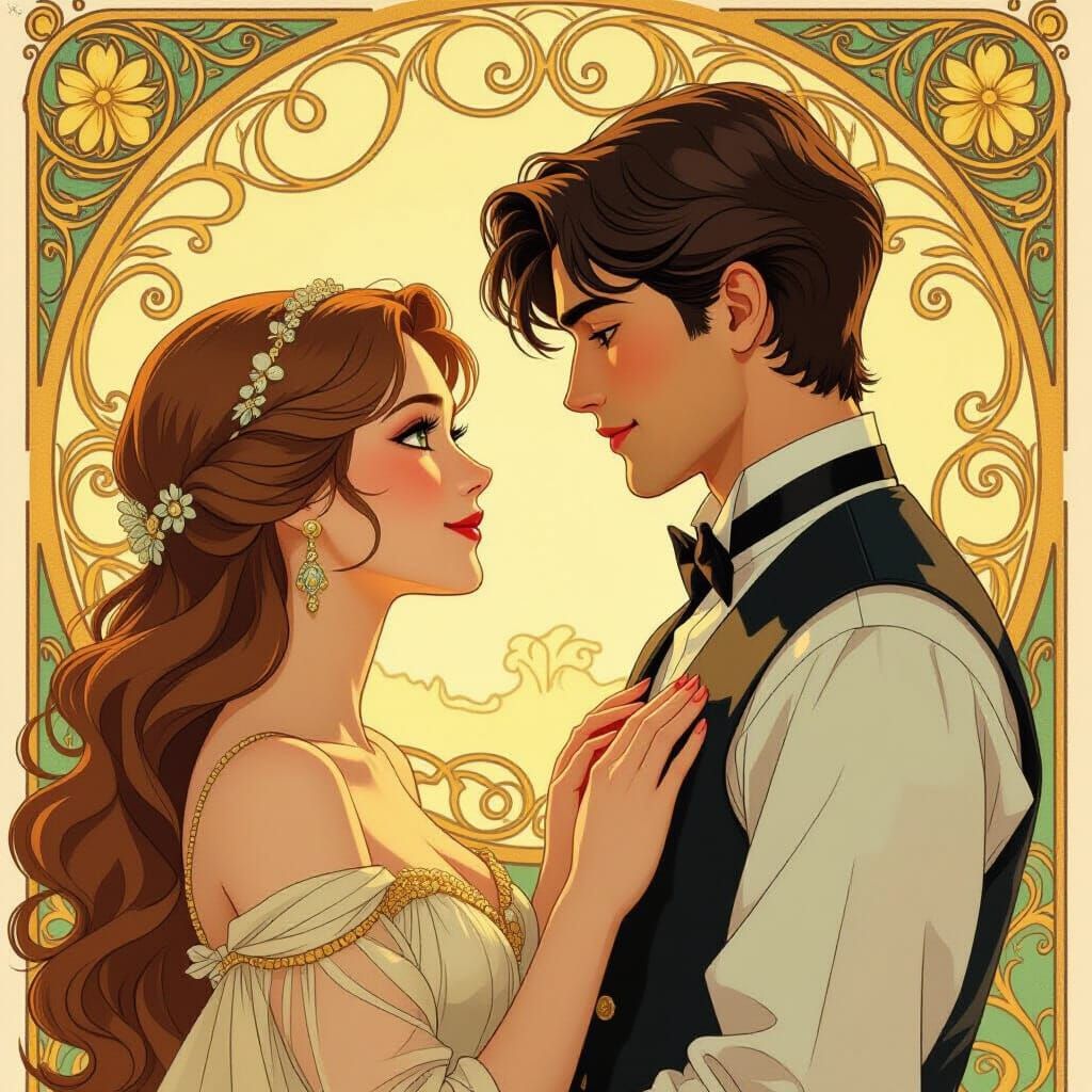 Girl Gazing at Guy, in Art Nouveau Style
