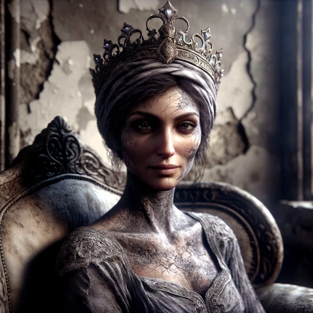 Regal Middle-Eastern Woman in Dilapidated Throne Room