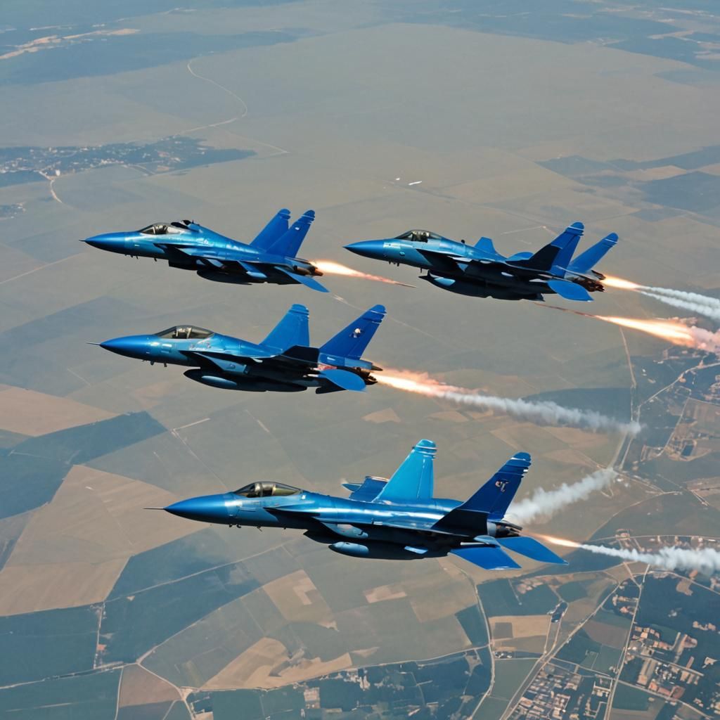 Blue Fighter Jets Engaged in Aerial Combat