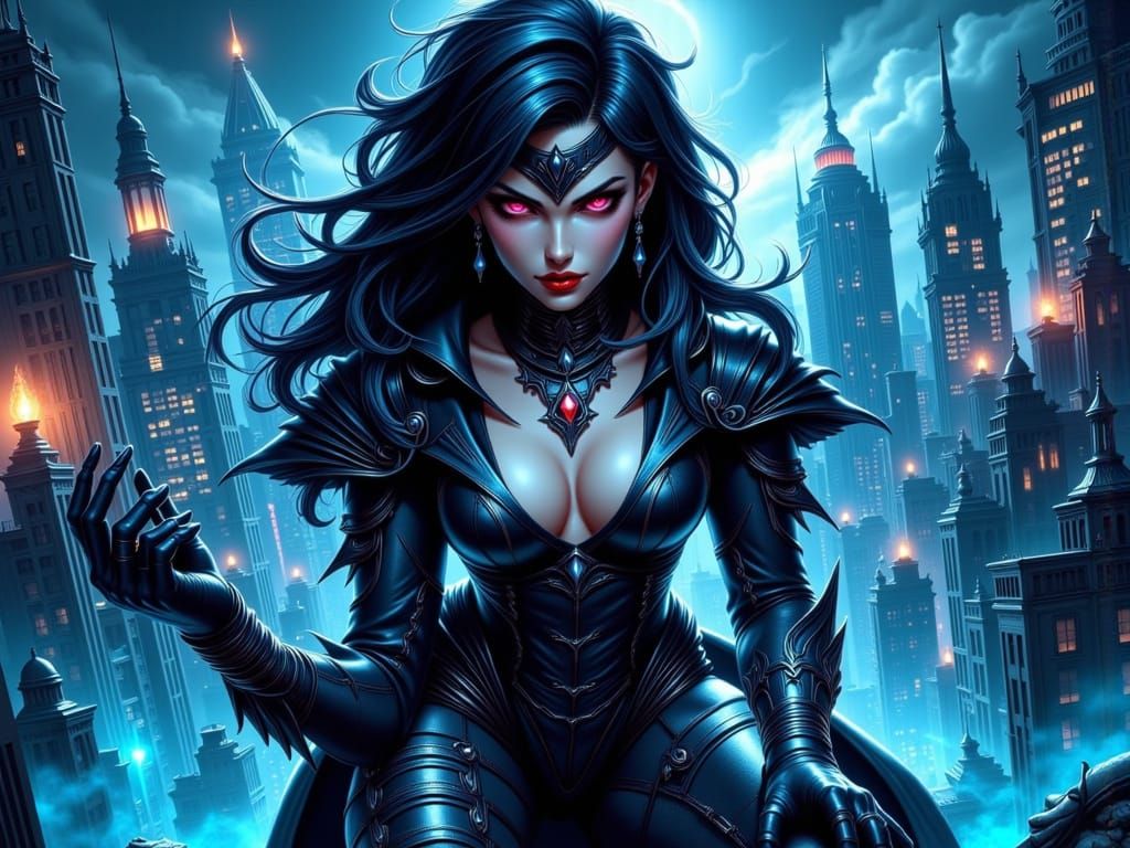 Comic Book Sorceress Queen Dominates Neon Cityscape
