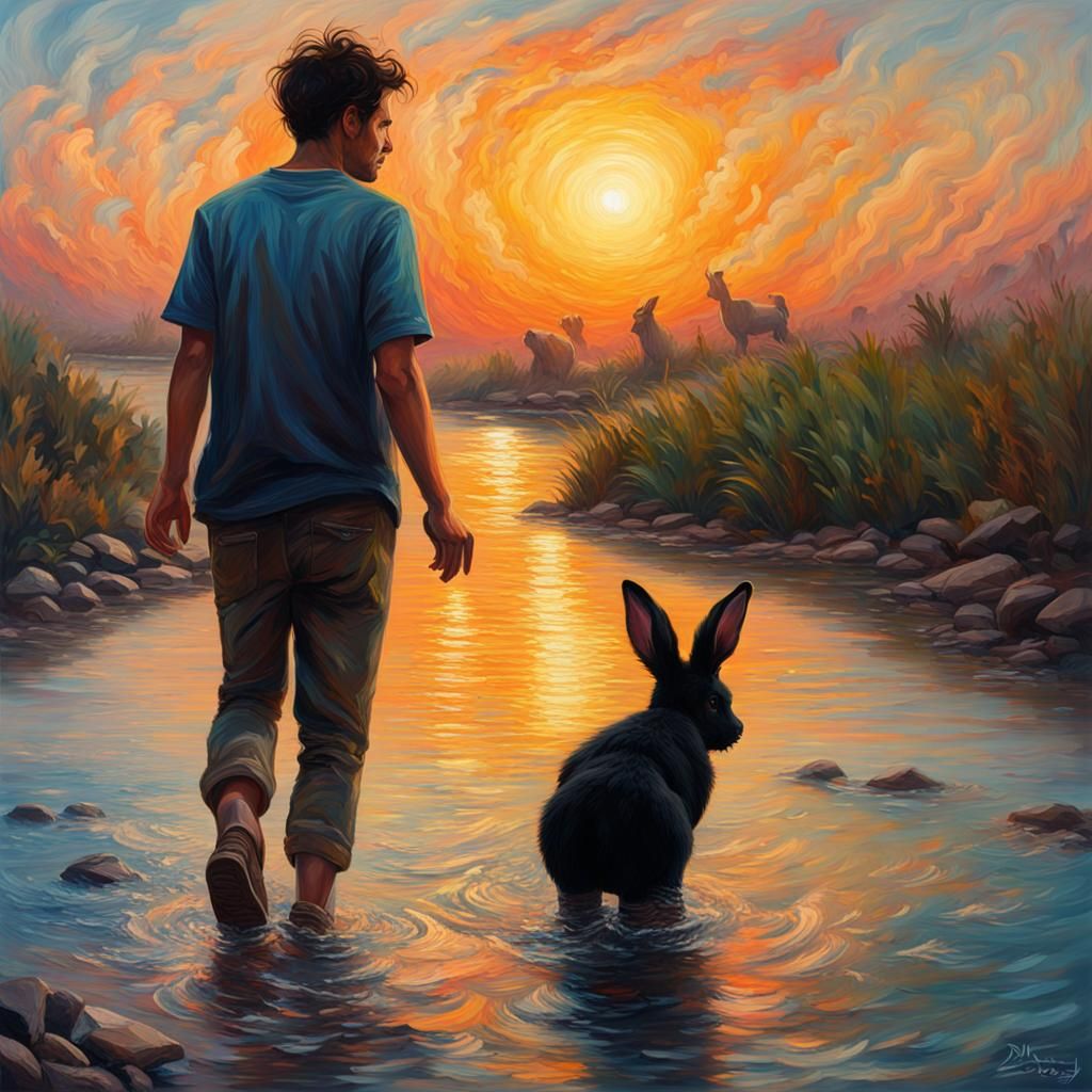 Man and Rabbit at Sunset: Hyperrealistic Splash Art