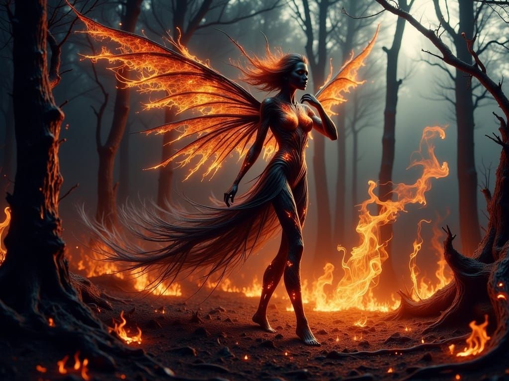 Ember Fairy Rising from a Burnt Forest