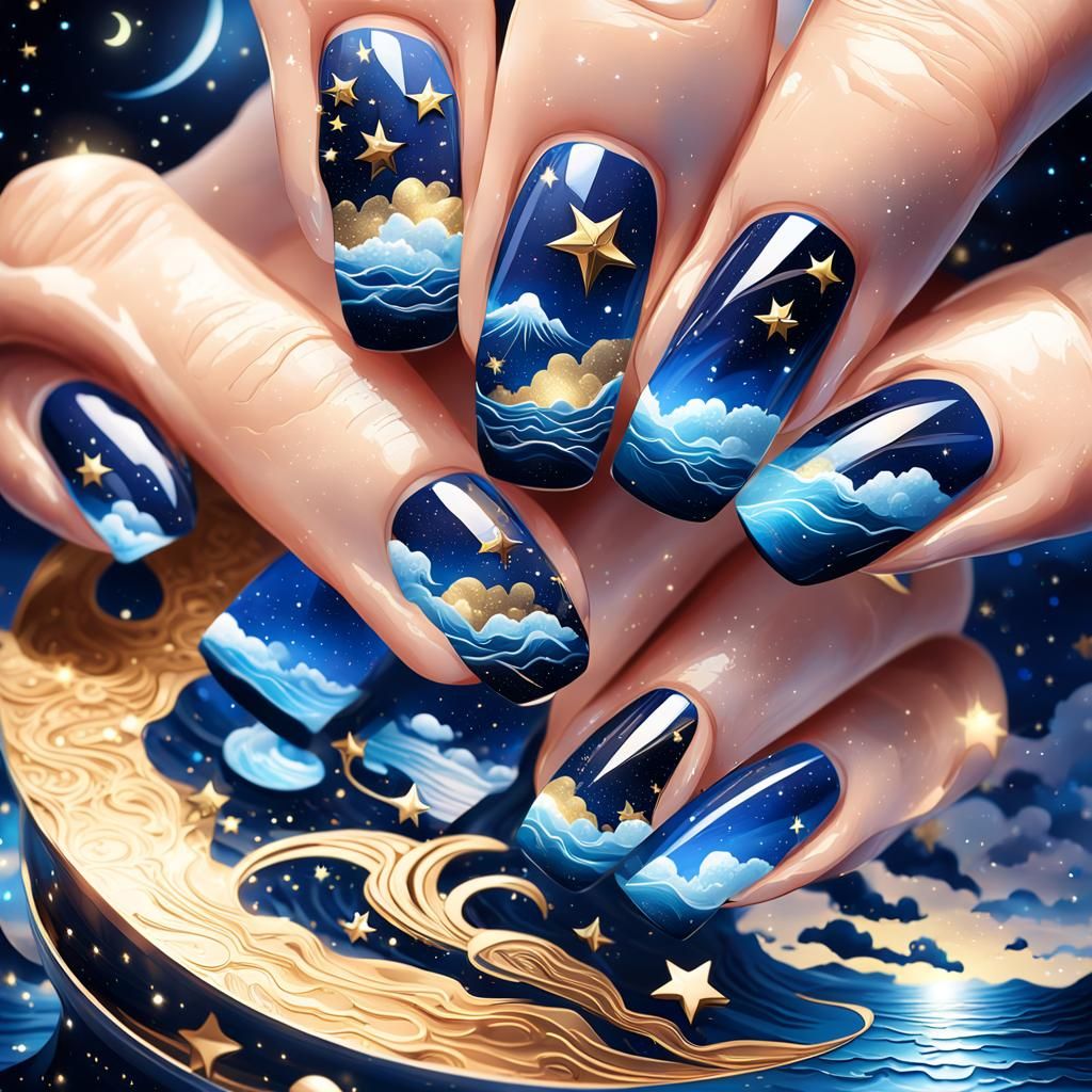 Starry mountain and sea miniature nail art