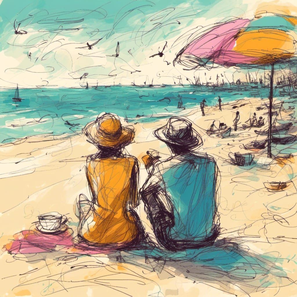 Romantic Beach Rendezvous in Scribble Art Style