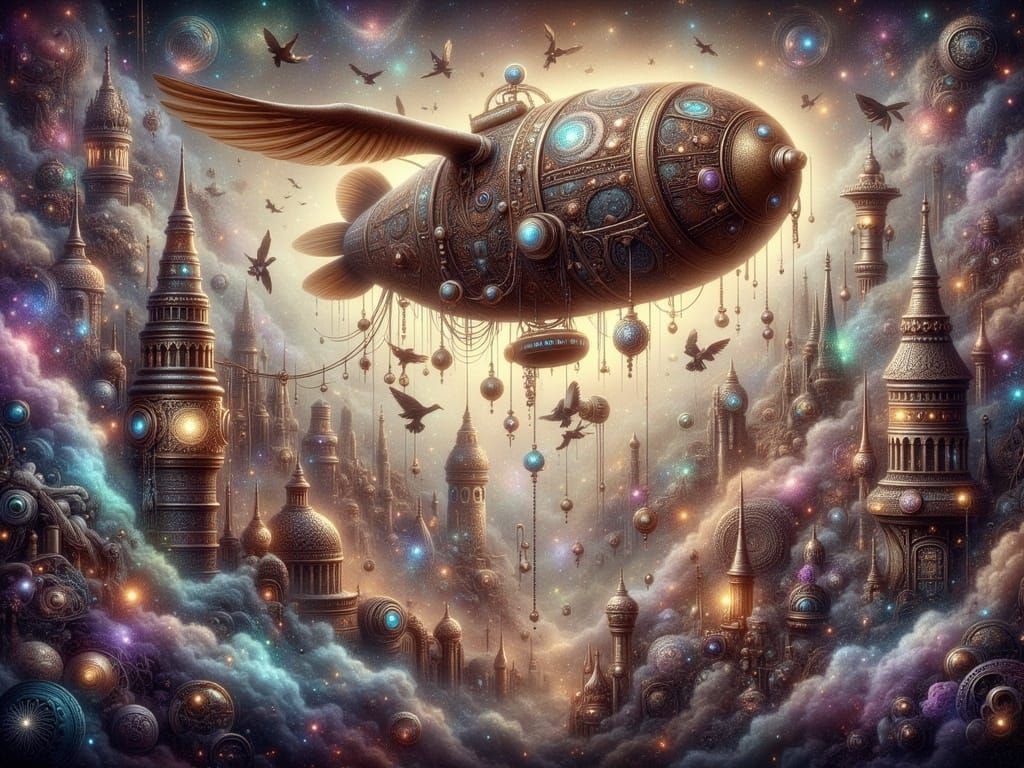 Steampunk Airship Soars Above Victorian Era Cityscape
