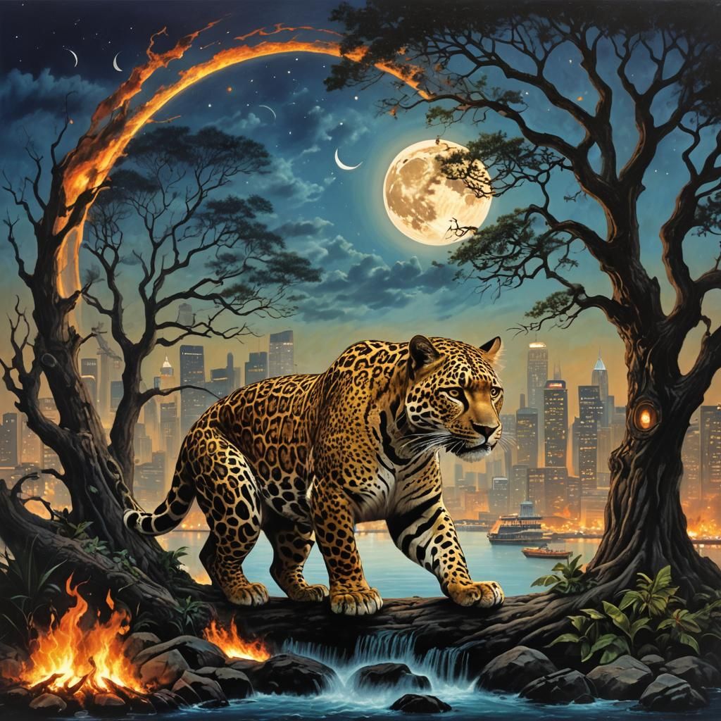 Surreal Cityscape with Blue Jaguar and Leopard Deities