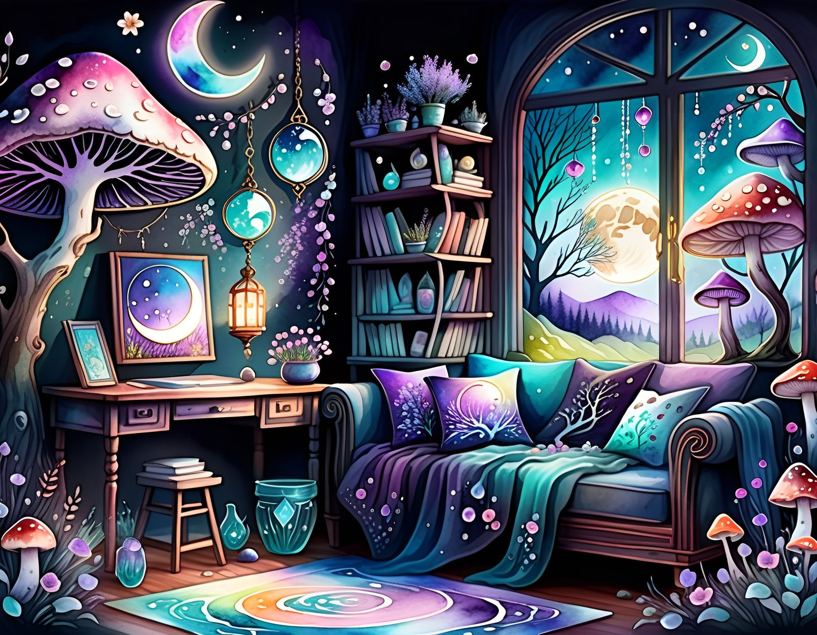 Spring Flowers and Pagan Home in Watercolor Style