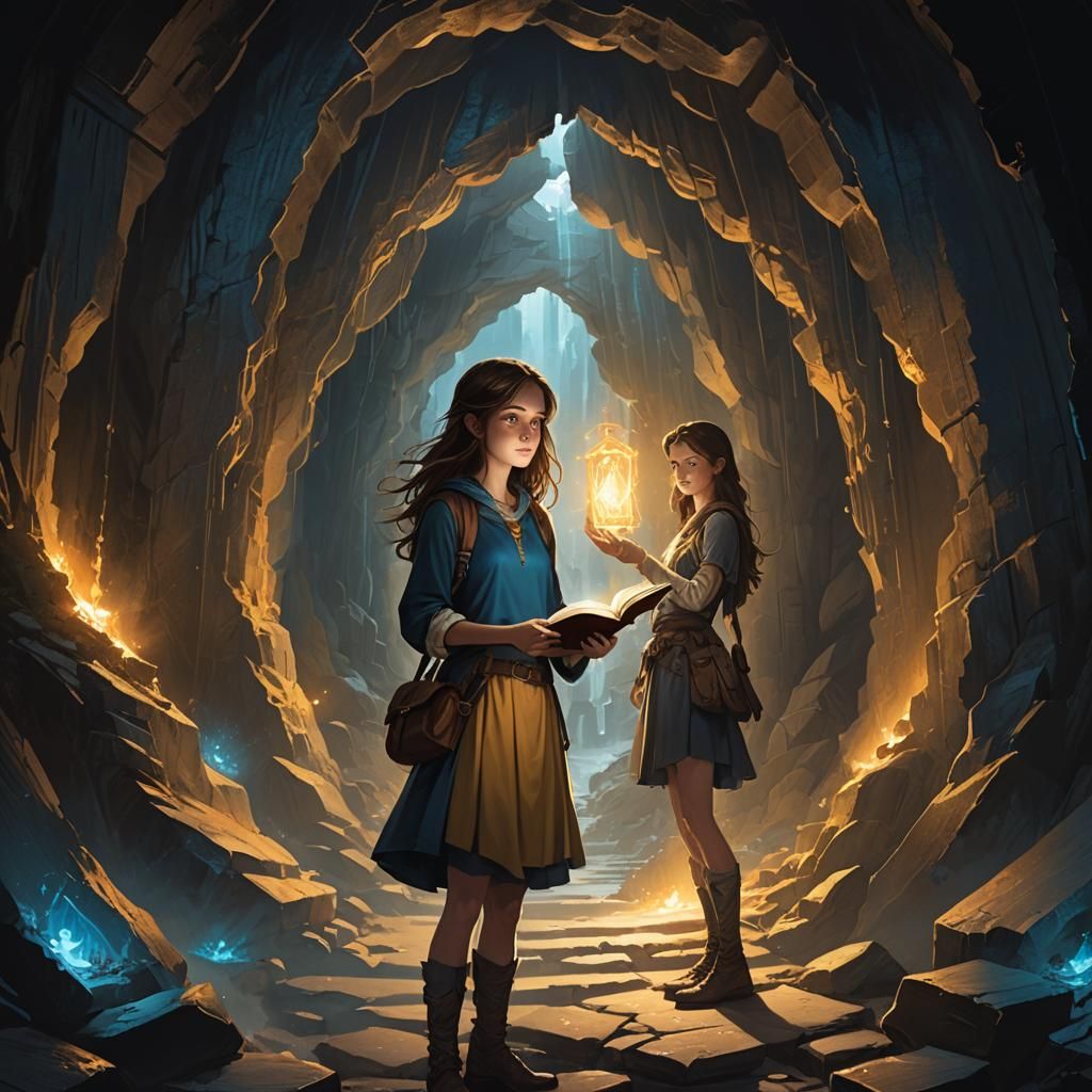 Girl Enters Shining Portal in Dark Cave: Fantasy Art