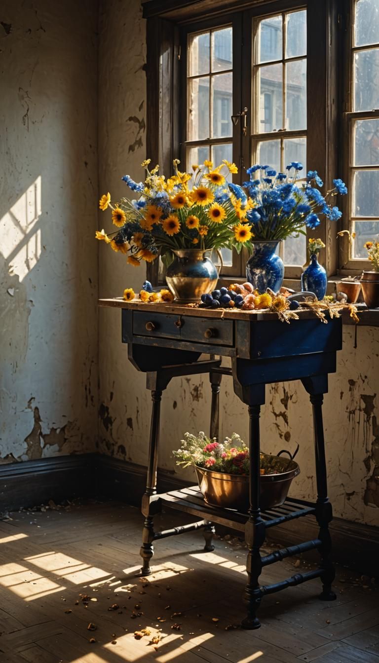 Golden Flowers on Butcher Table: Hyperrealist Painting