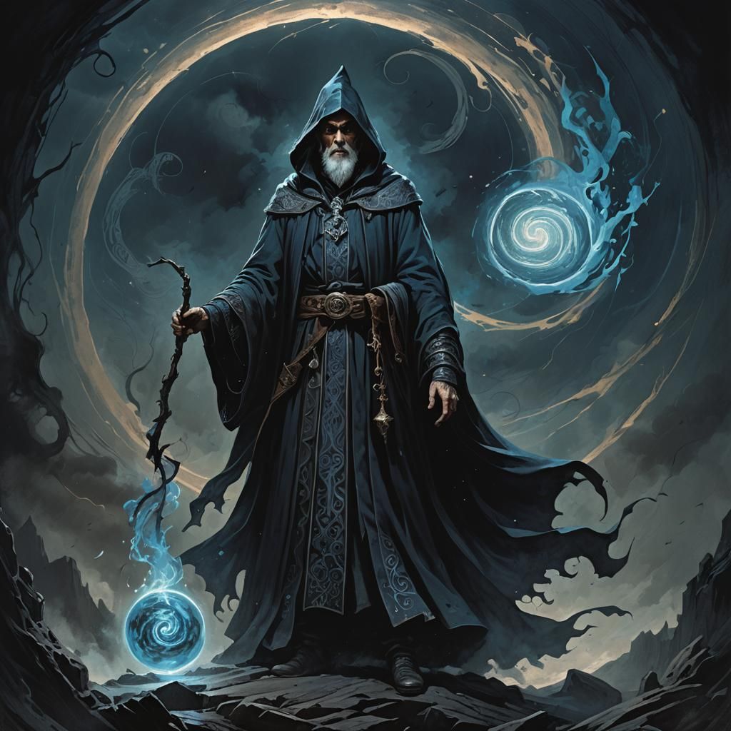 Dark Wizard Confronts Looming Darkness in Fantasy Illustrati...