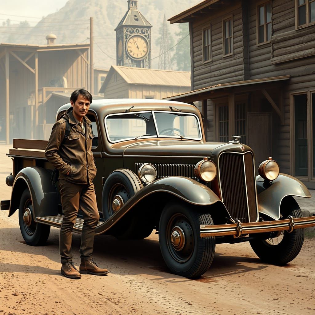 Retro-Futuristic 1930s Pickup Truck Scene