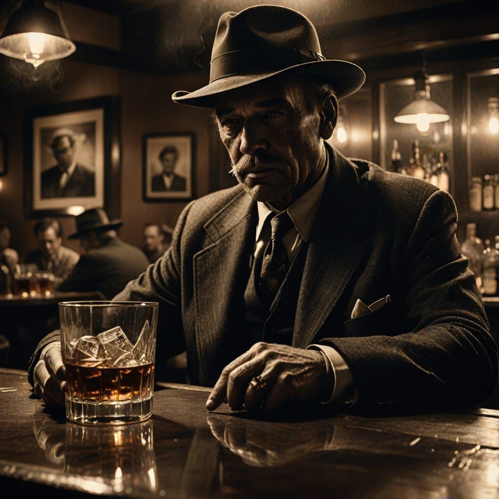 Noir Gangster in Bar: Charcoal Drawing