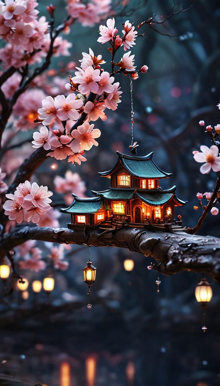 Glowing Cherry Blossom Village Dreamscape
