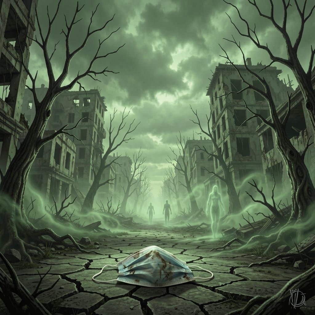 Post-Apocalyptic World Under Sickly Green Sky