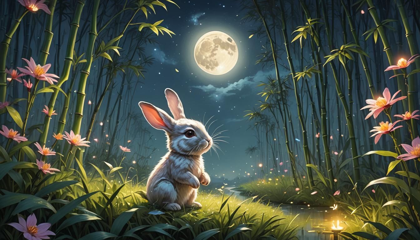 Fantasy Bunny in Moonlit Flower Meadow