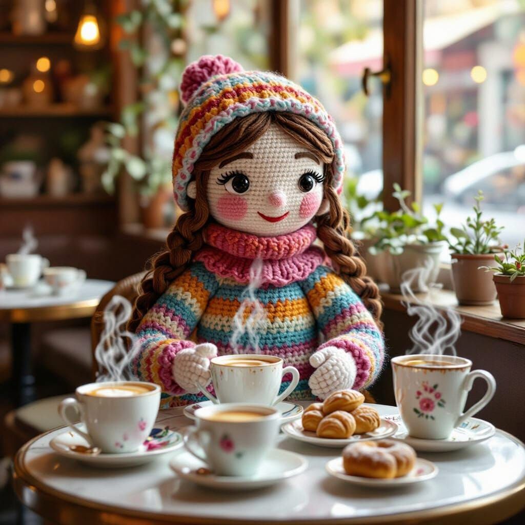 Whimsical Crocheted Figure in Cozy Cafe