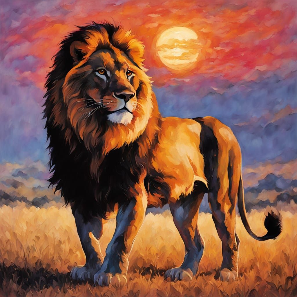 Lion Silhouette on Fiery Sunset: Oil Painting