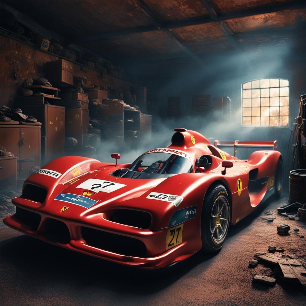 Abandoned F1 Ferrari in a Dusty, Crumbling Garage