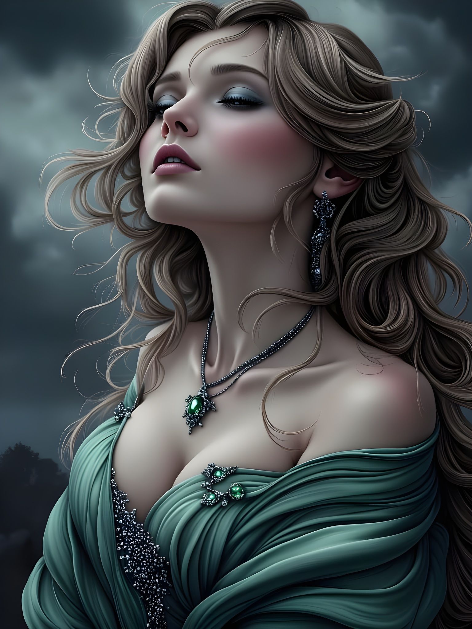 Ethereal Norse Goddess Contemplates Dark Skies