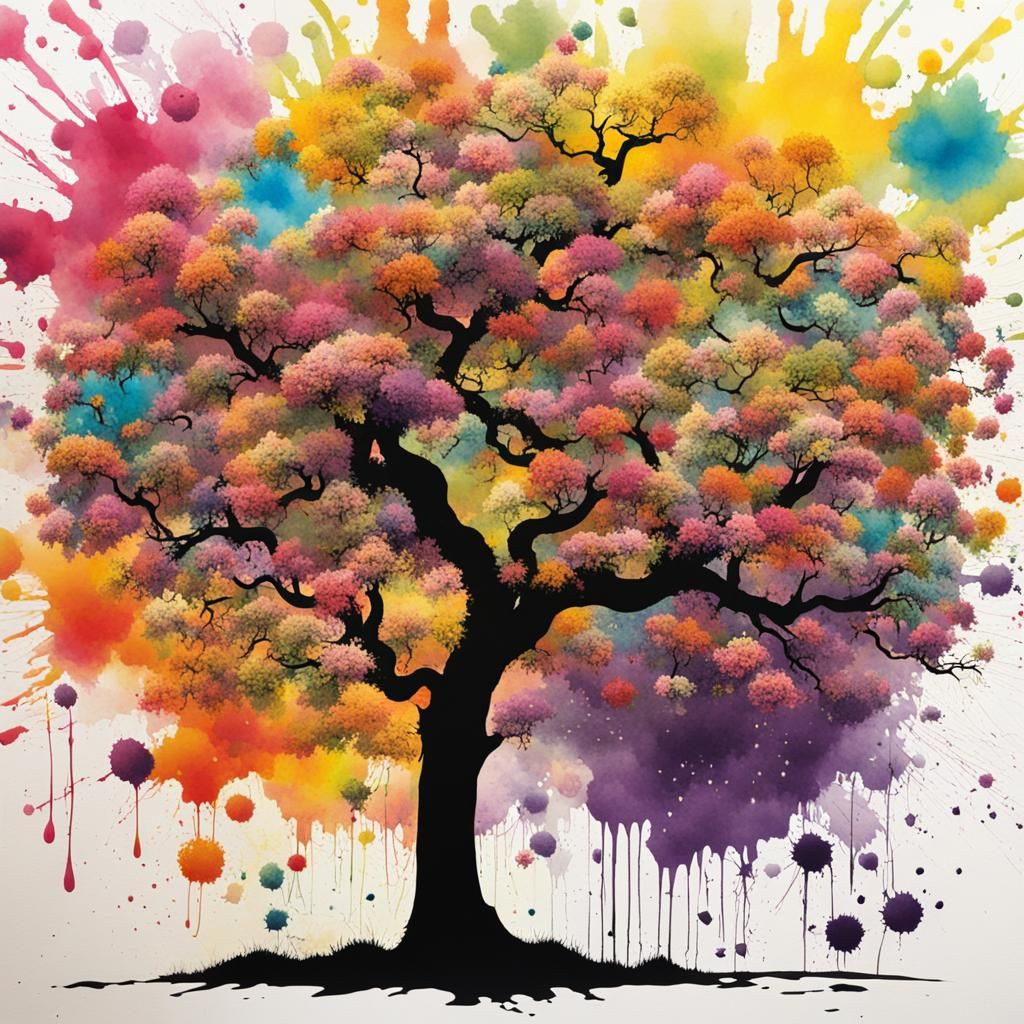 Flowering Tree in Ink Splatter Art