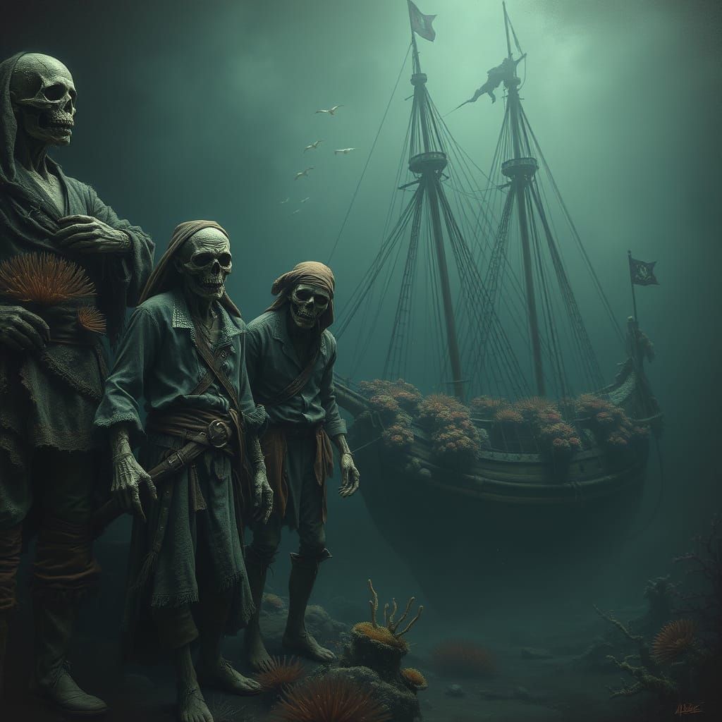 Eerie Pirate Zombies by Sunken Ship, Dark Seafloor