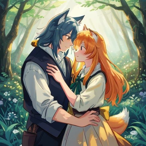 Anime Wolf Boy and Fox Girl Couple Portrait