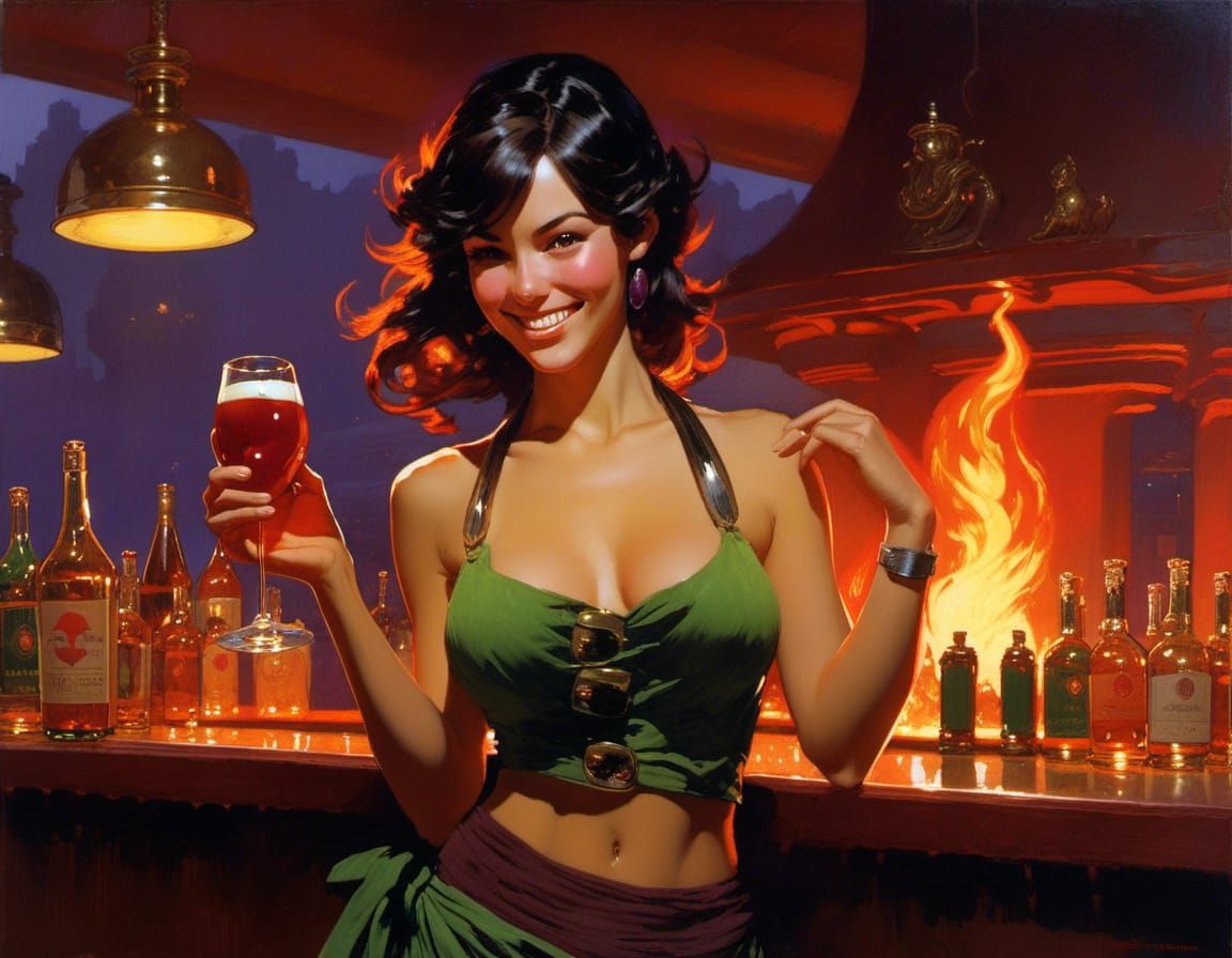 Brunette Barmaid Dancing with Fire in Miyazaki Style