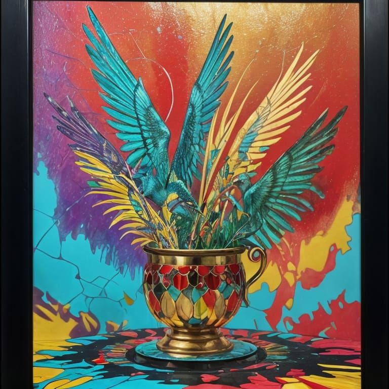 Enameled Stained Glass Hummingbirds Around Fountain