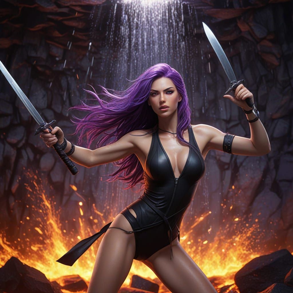 Hyperrealistic Female Assassin Mid-Attack in Lava Shower