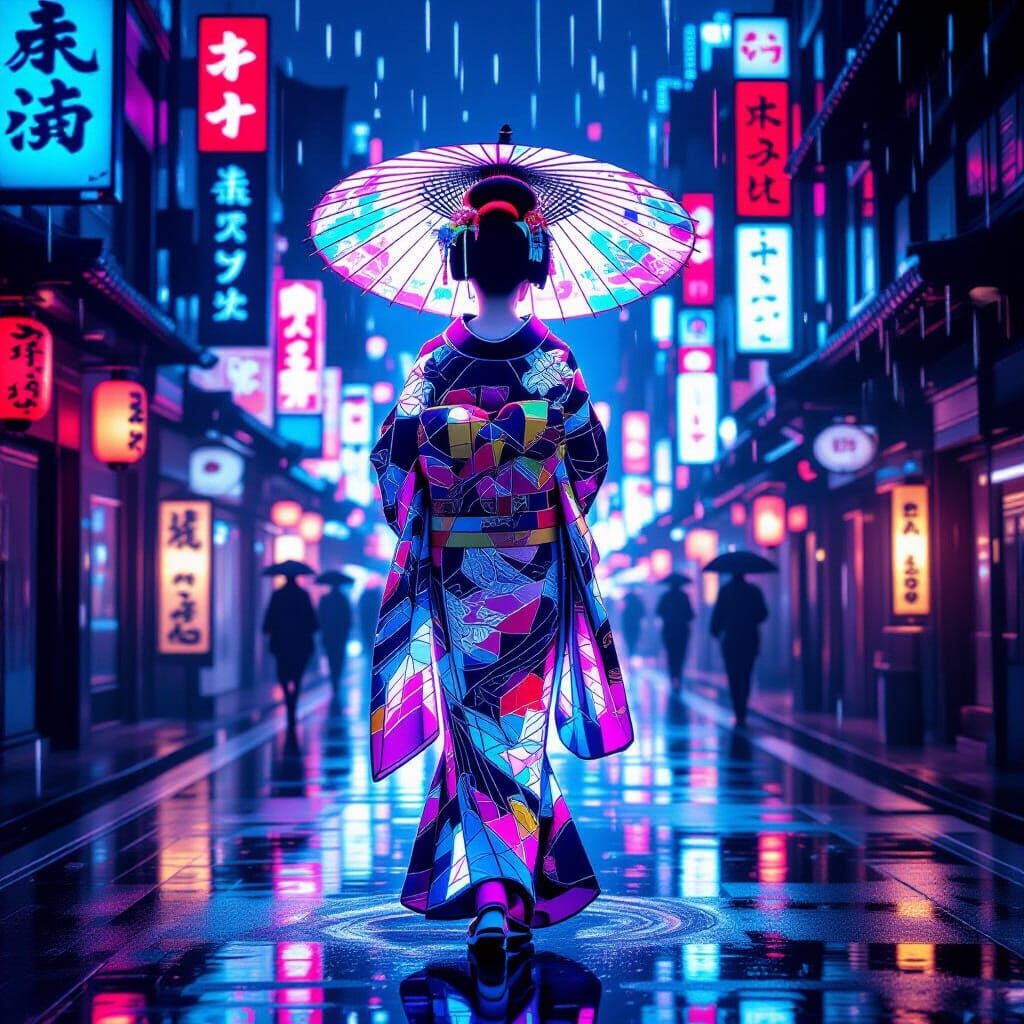Cyberpunk Geisha in Neon Metropolis with Stained Glass Kimon...