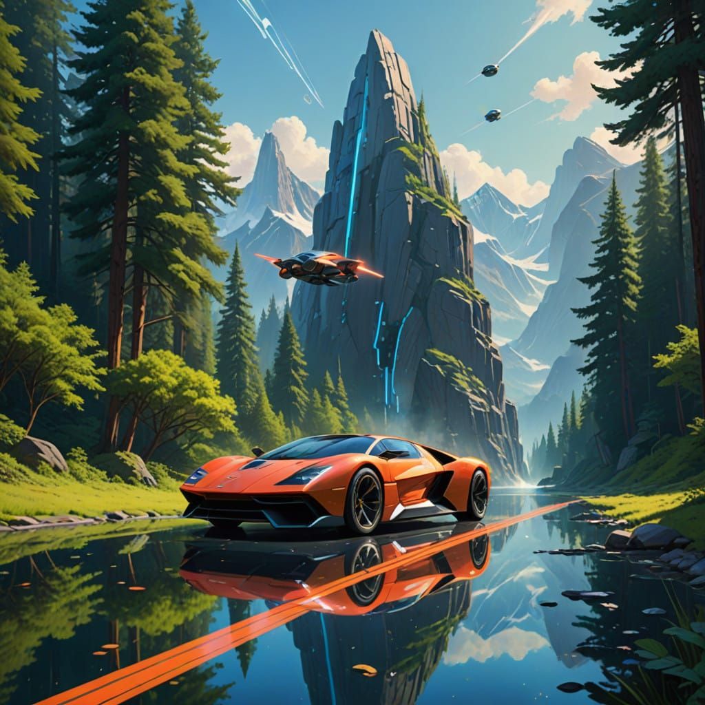 Futuristic Flying Cars in a Serene, Photorealistic Landscape