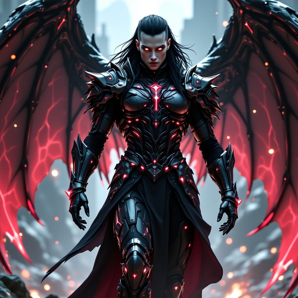 Cyberpunk Fallen Angel in Futuristic Cityscape