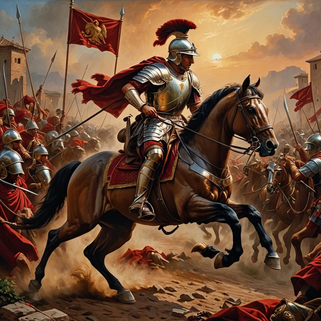 Roman Cavalry Lancer War Scene: Oil Painting Masterpiece