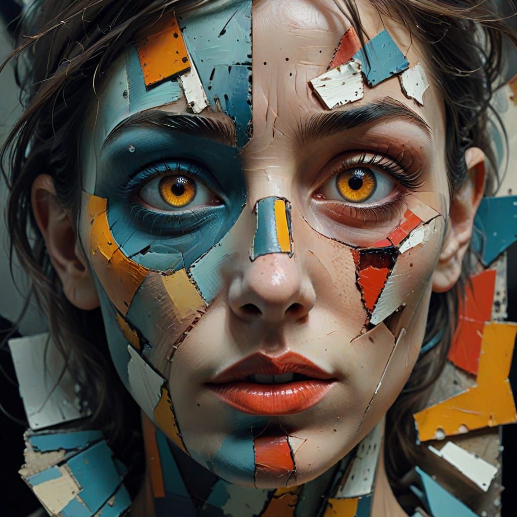 Distorted Cubist Portrait in Vibrant, Clashing Colors