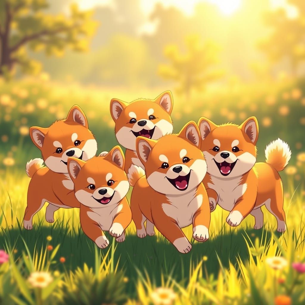 Adorable Shiba Inu Puppies Play in Anime Meadow