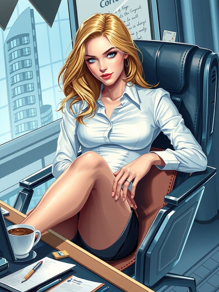 Blonde Woman Reclining in Sleek Futuristic Office