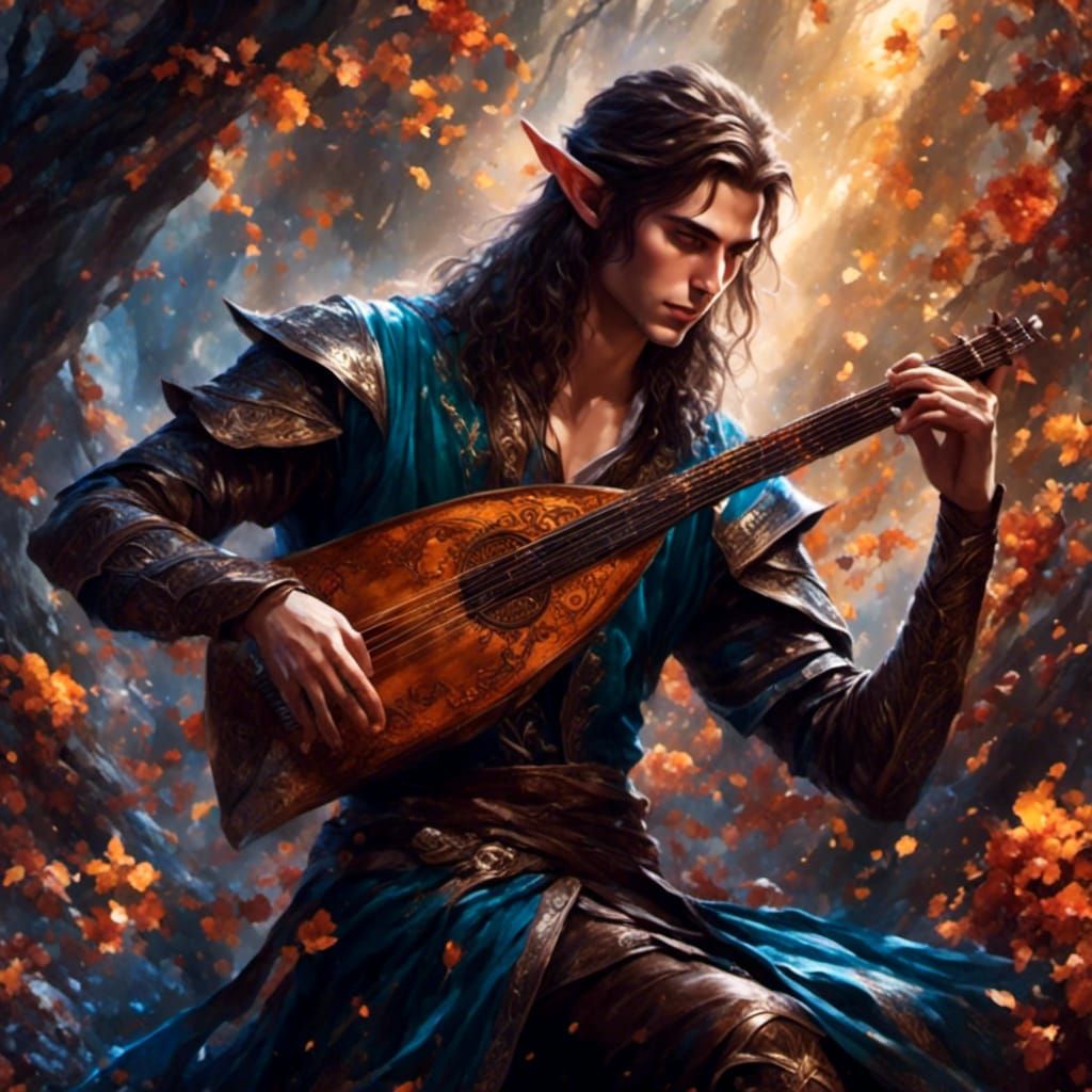 Male Elf Bard playing a lute