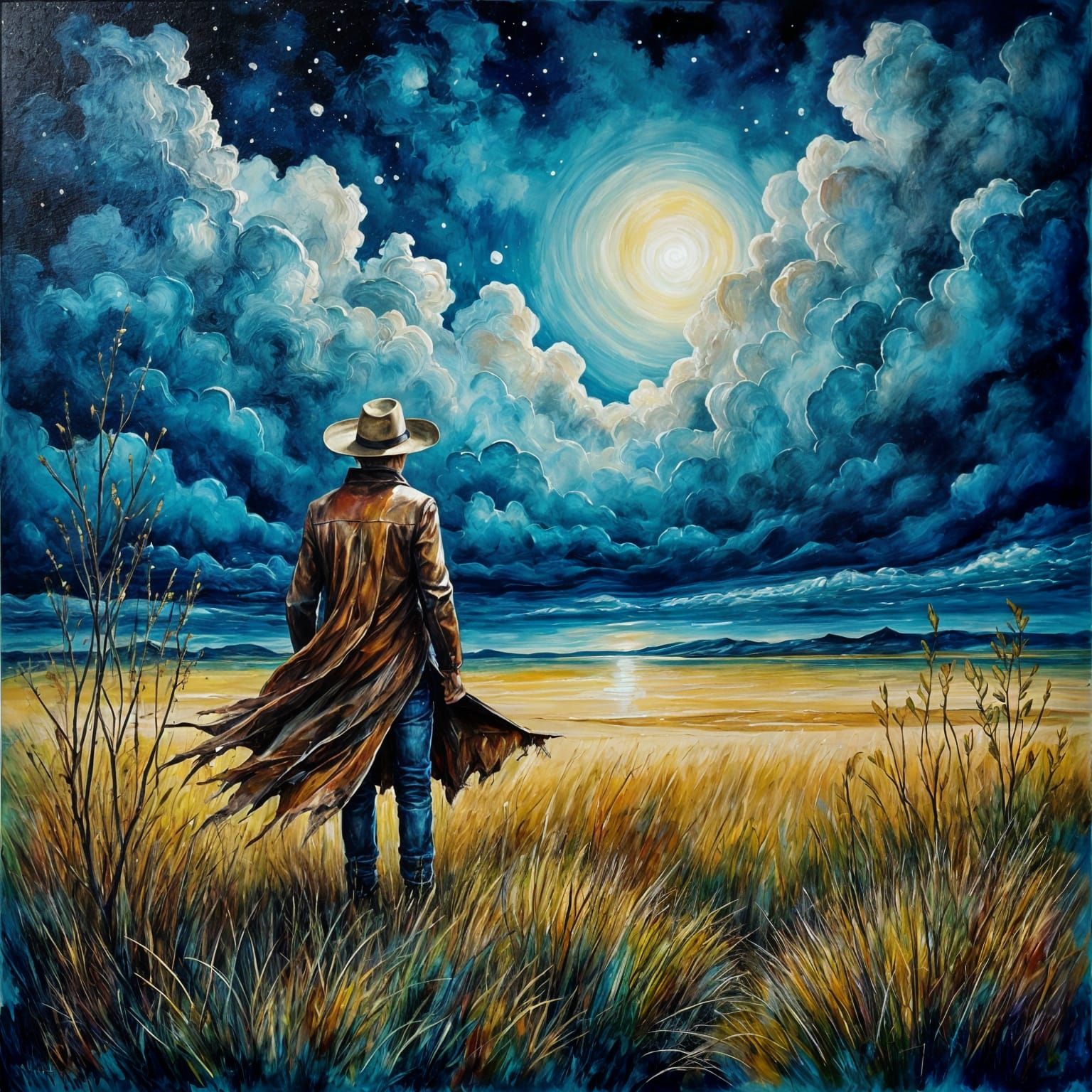 Stormy Prairie Landscape in Neo-Impressionist Style Oil Pain...