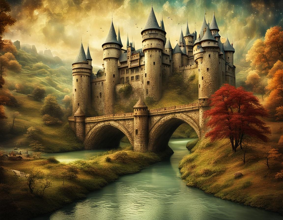 Fairytale Castle on Parchment in Vintage Style