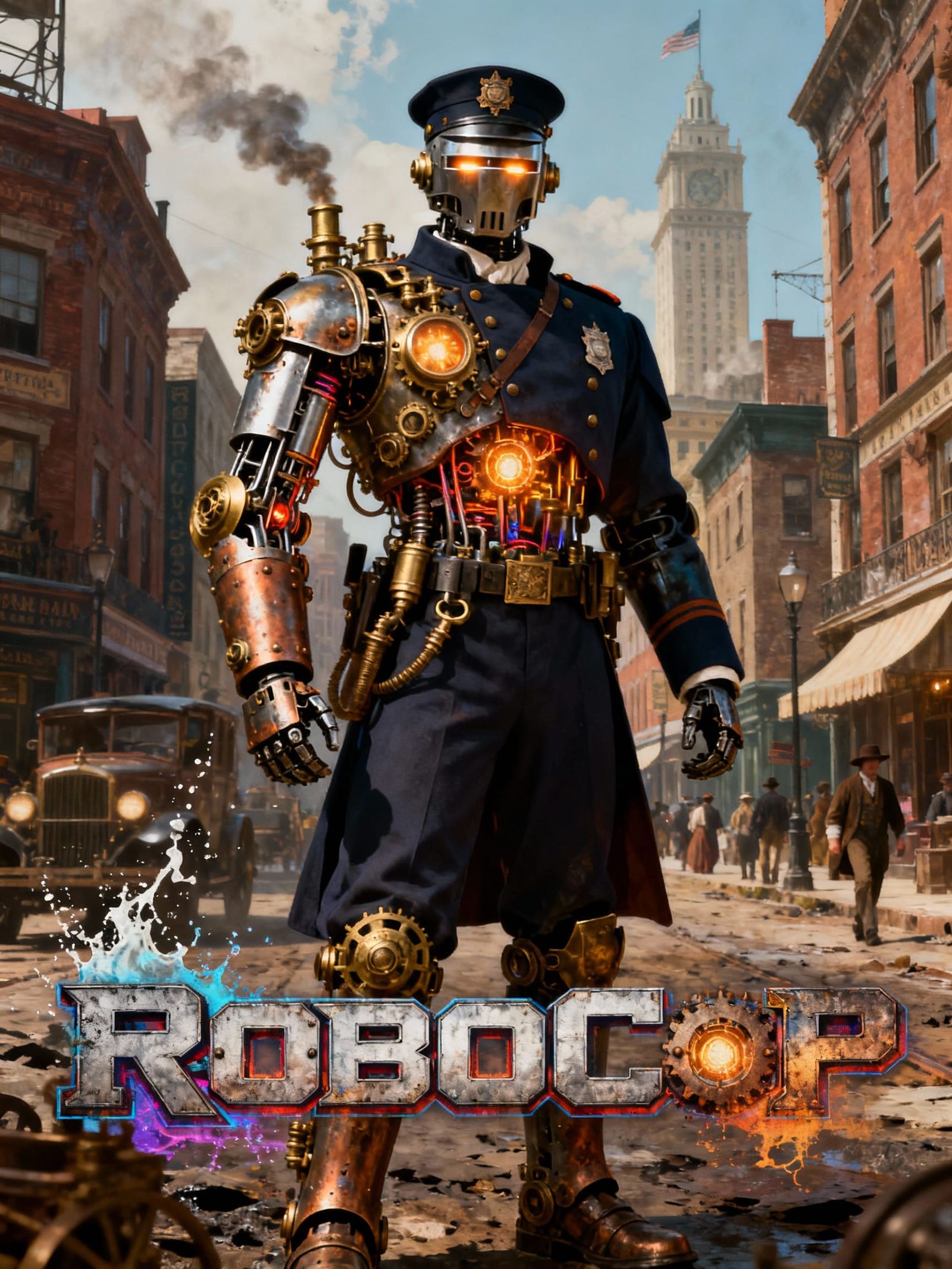 Steampunk Robocop Movie Poster in Matte Painting Style