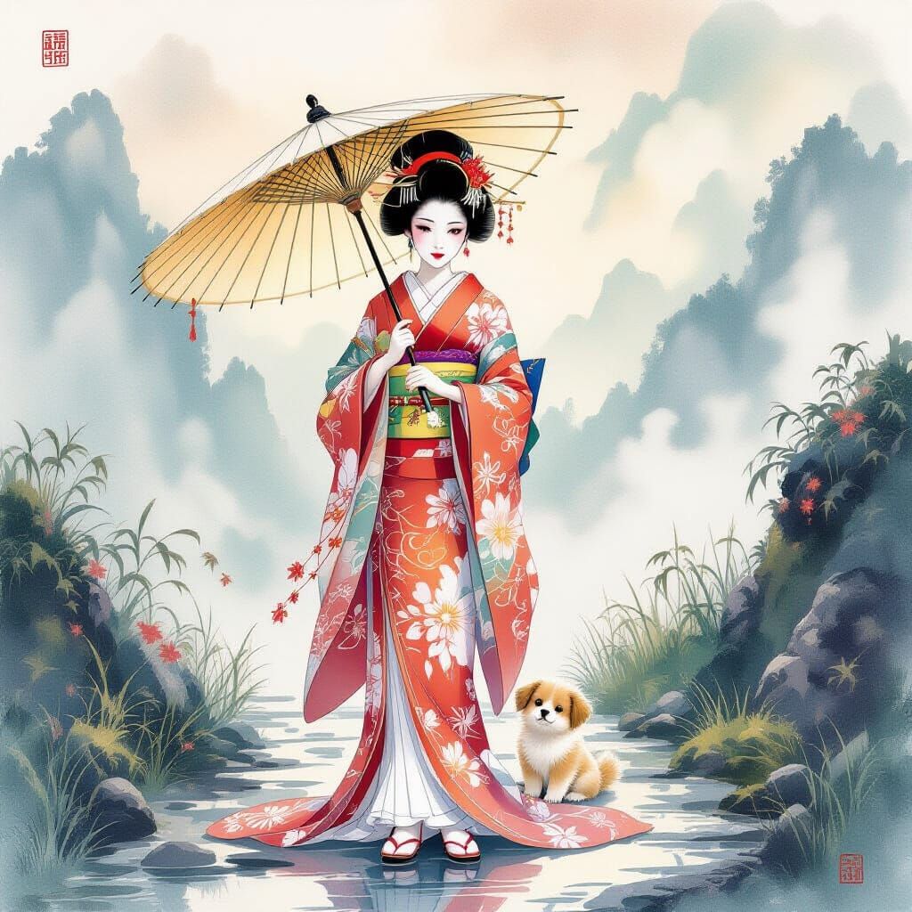 Majestic Geisha with Puppy on Misty Mountain Path