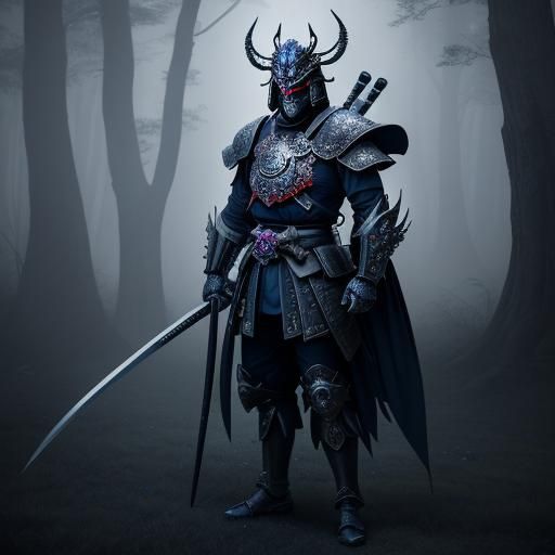 Samurai with Gemstone Mask in Dreamlike Forest