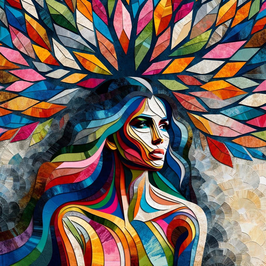 Vibrant Paper Collage of Woman Under Abstract Tree