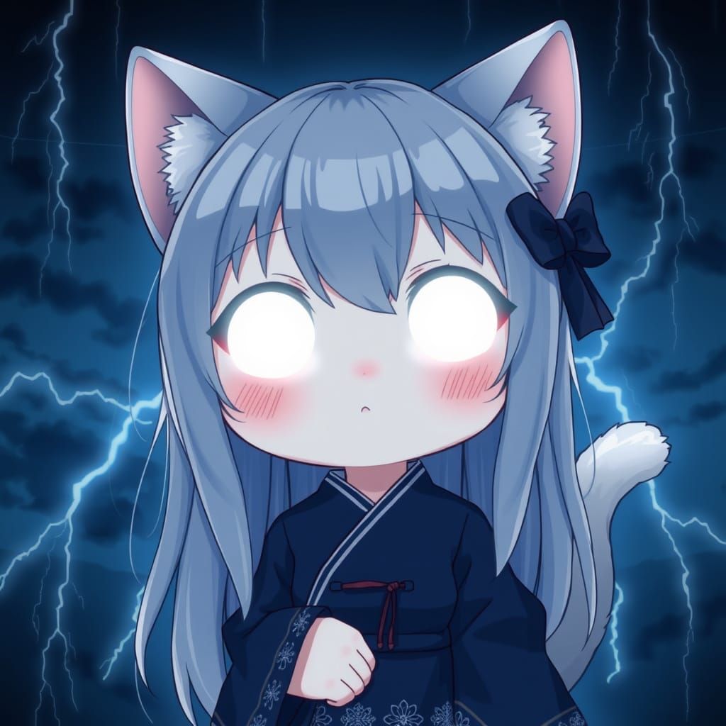 Chibi Anime Catgirl with Glowing Eyes in Synthwave Style