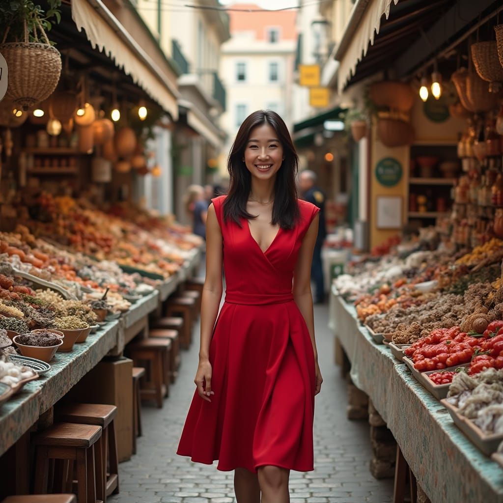Woman in Red Dress Walks Lisbon Market