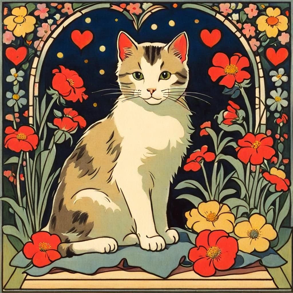 Cute Cat with Flowers in Synthetism Style