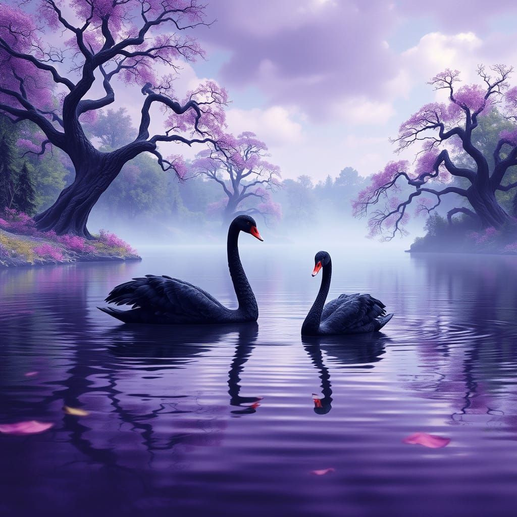 Majestic Black Swans in Regal Purple Lake Landscape