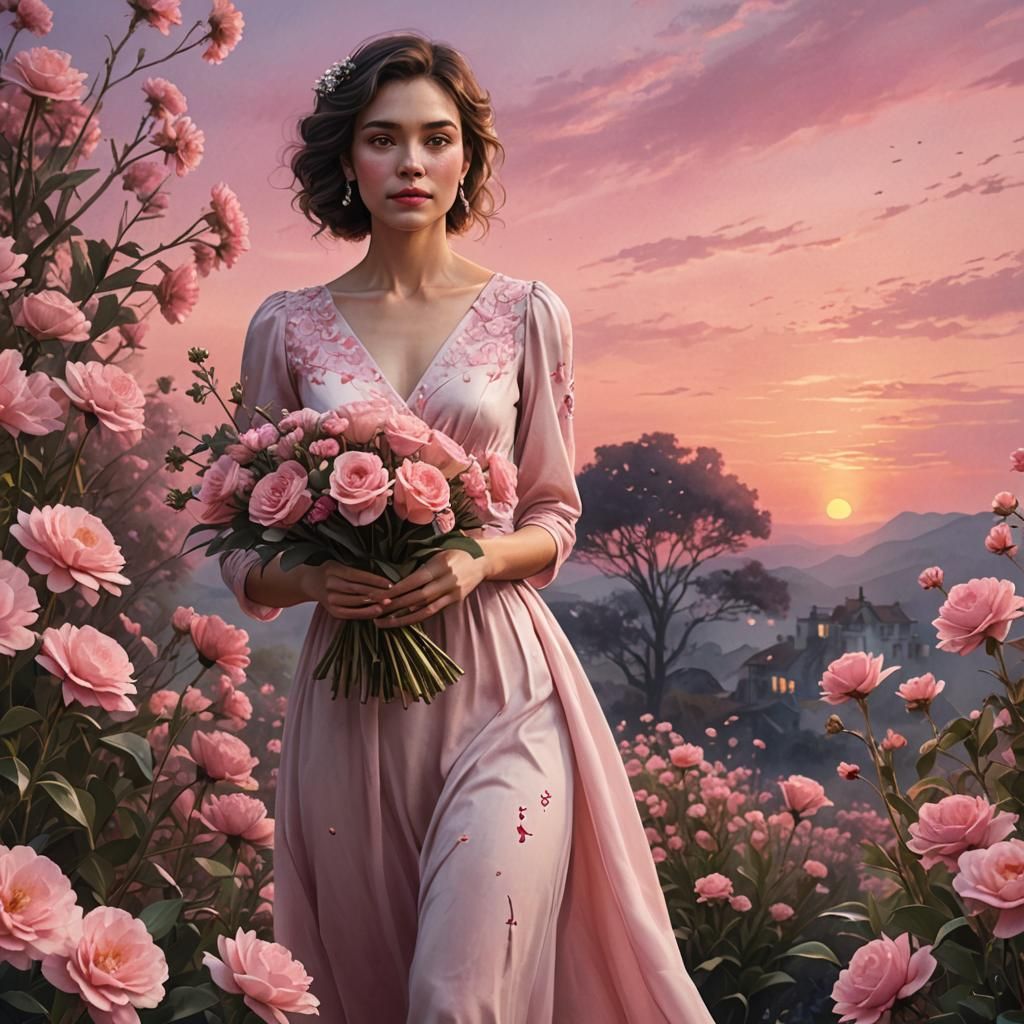 Woman with Pink Flowers at Sunset: Watercolor Painting