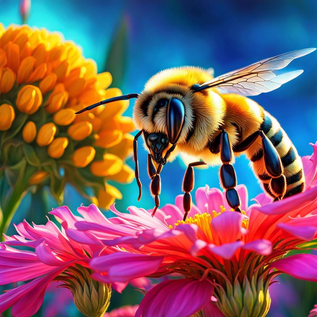 honey bee gathering pollen from a bright colorful sunny flow...